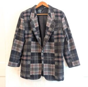 LIZ WEAR Navy & Gray Plaid Wool Blend Blazer Jacket Size 12
